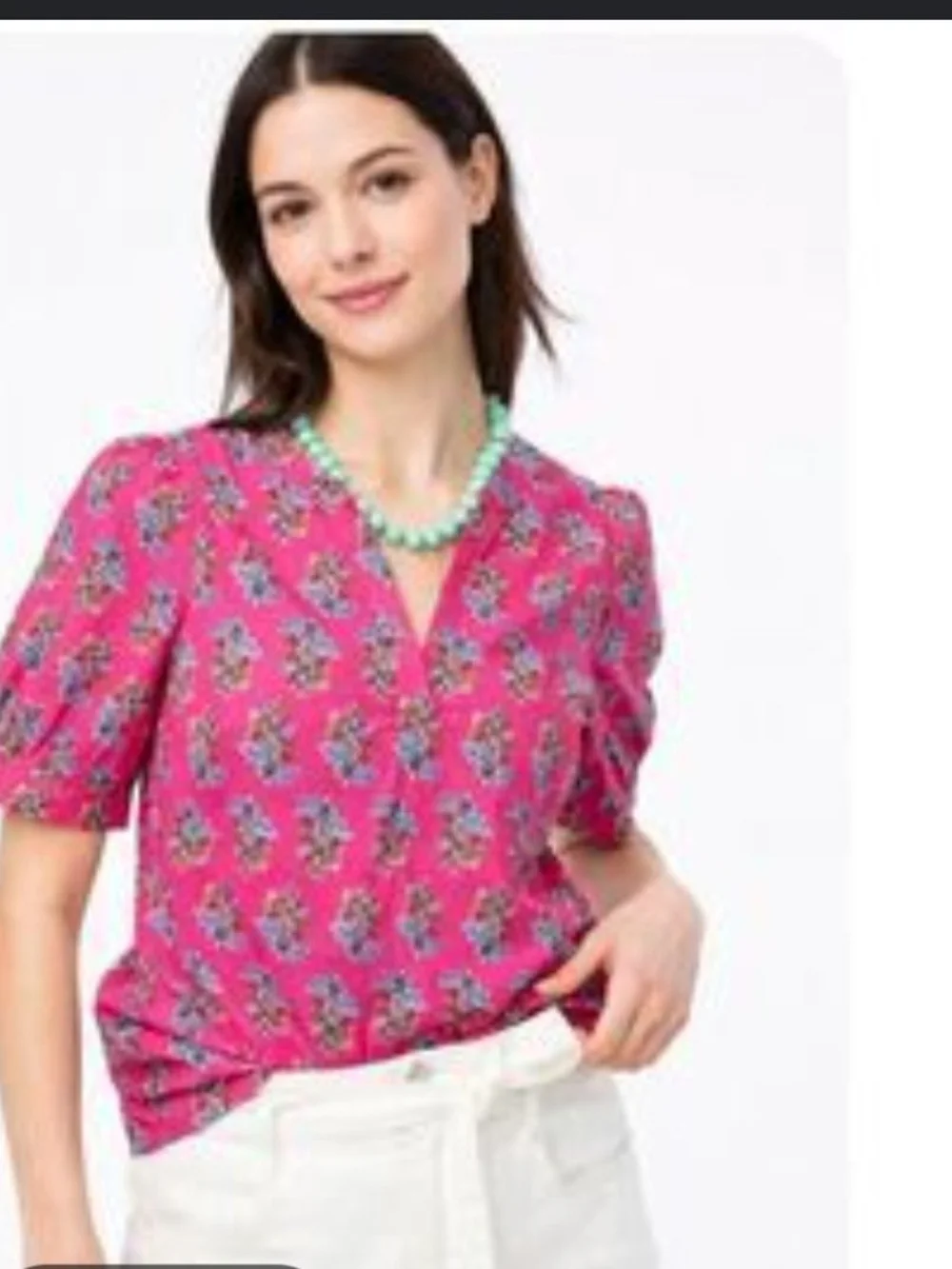 J. Crew Pink Floral Split-Neck Puff Sleeve Blouse Size Med